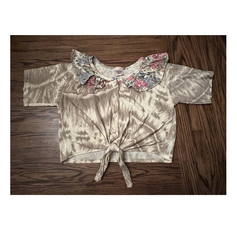 Huntington Ridge Beige Brown Floral Tie-Dye Ruffle Collar Cropped Blouse M